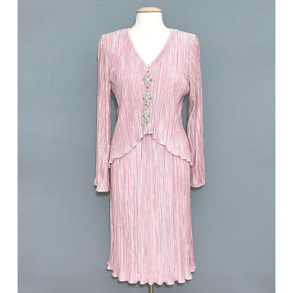 VTG After Dark 90s Women Dress 12 Pink Plisse Pleated Midi Beads Feminine Weding